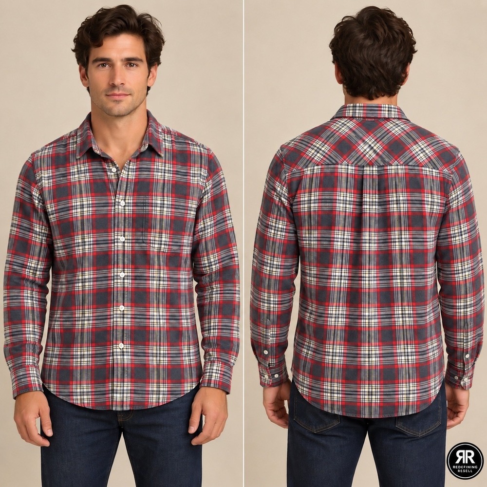 J.Crew Mens Plaid Button Down Shirt Size M Red Navy Blue Long Sleeve Flannel